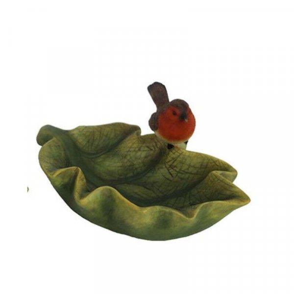 Levél formájú madáretető- és itató, kerti polyresin dekorációs
kiegészítő, vörösbegy