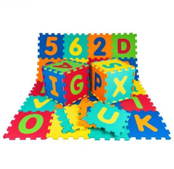 Színes 36 darabos habszivacs játszószőnyeg számokkal és betűkkel 32 cm x
32 cm x 1 cm-es kockákból