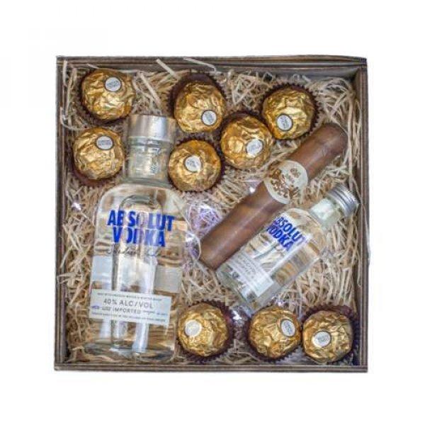 Wood Box: Absolut vodka, Ferrero Rocher + csoki Szívar