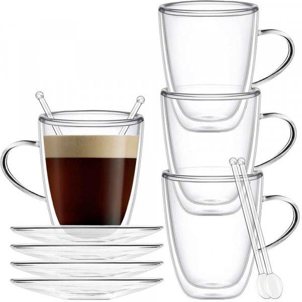 4 csésze és 4 csészealj és 4 teáskanál, Quasar &; Co., csészealj 10,5 ®
cm, csésze 350 ml duplafalú, hőálló, átlátszó