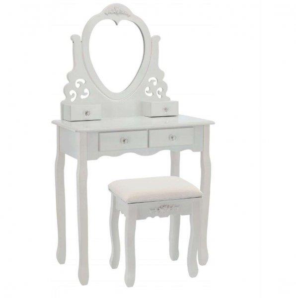 Vintage fehér smink, fésülködőasztal szivecske formájú tükörrel,
fiókokkal, kisszékkel - 75 x 138 x 40 cm