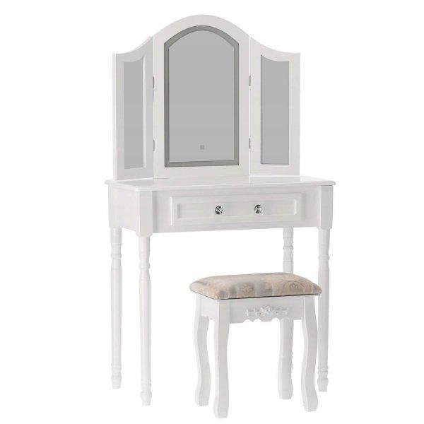 Set Fésülködőasztal és smink Triptik székkel, fehér, fiókkal és 3
tükörrel, LED világítás, 74x40x137 cm