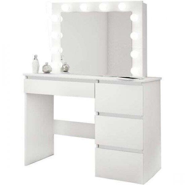 Fésülködőasztal/smink, fehér, tükörrel és LED-ekkel, Irina, 94x43x141 cm