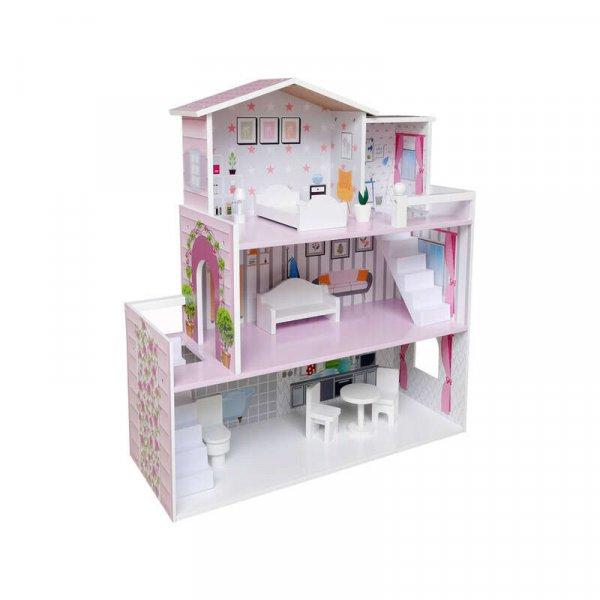 Fából készült babaház, Nagy méret 70 x 24 x 70 cm, 3 szintes, 3 szobával,
Bútorral berendezve, Free2Play, Rózsaszínű