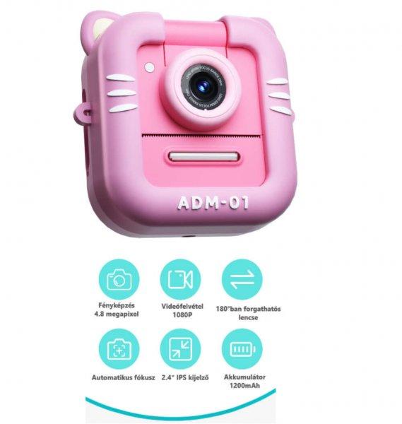 Digitális kamera és instant fényképező gyerekeknek, 180°-ban forgatható
lencse, 2,4″ IPS kijelző, pink