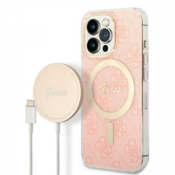 Szett Guess GUBPP13LH4EACSP Case+ Töltő iPhone 13 Pro rózsaszín/rózsaszín
kemény tok 4G Print MagSafe