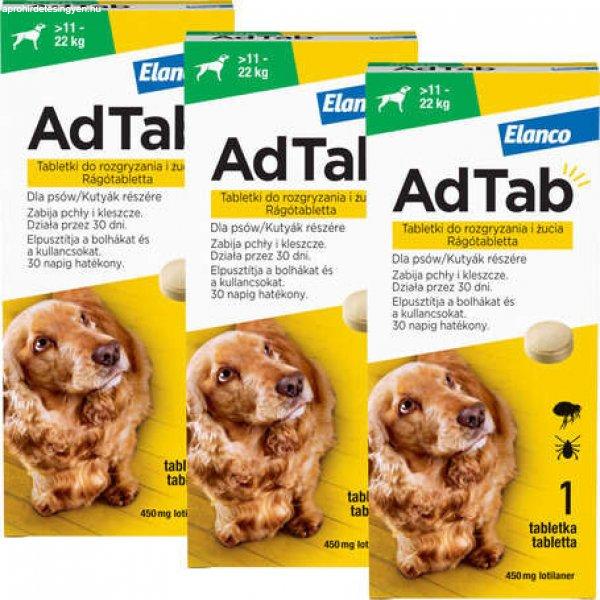 AdTab kullancs és bolha elleni rágótabletta kutyáknak (3 tablettás
kiszerelés | 11 - 22 kg | 3 x 450 mg)