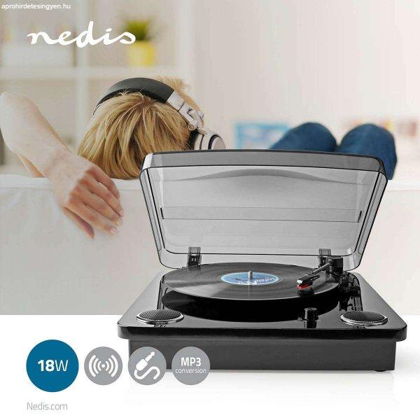 NEDIS TURN300BK Lemezjátszó 33 / 45 / 78 rpm | Szíj Hajtás | 1x Sztereo RCA
| Bluetooth® | 18 W | Beépített (elő)erősítő | Az MP3 átalakítás | ABS
/ MDF | Fekete