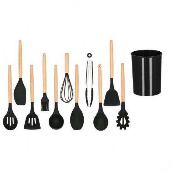 Konyhai edénykészlet, szilikon és bambusz, fekete, 12 részes, Springos