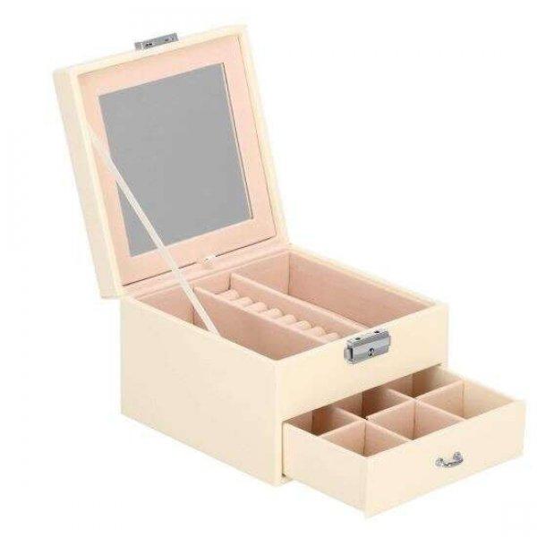 Ékszeres doboz, bársony és öko-bőr, krém és rózsaszín, tükörrel,
16x16x11 cm, Springos