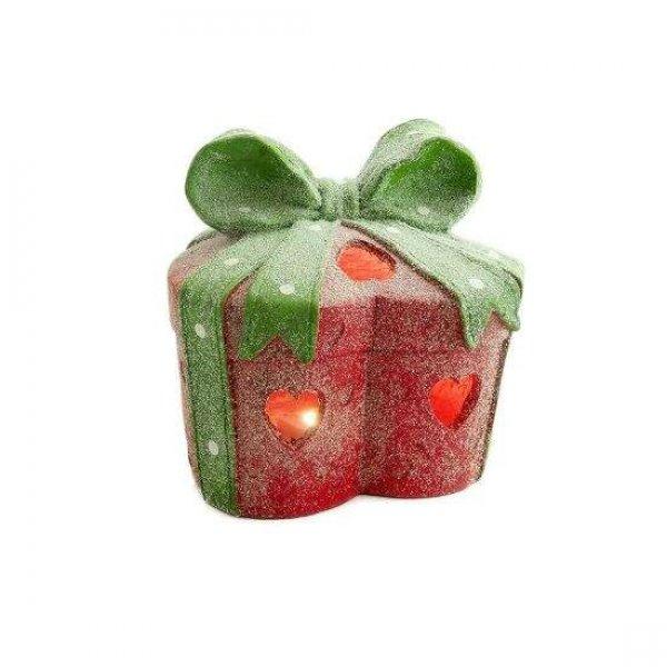 Karácsonyi dekoráció, ajándék masnival, szívvel, piros és zöld, LED,
28x28x27 cm