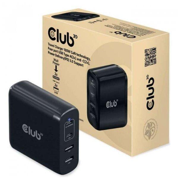 Club 3D 2x USB-C / 2x USB-A Hálózati töltő - Fekete (100W)