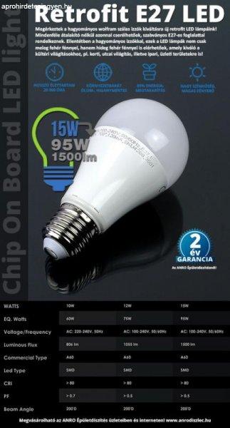LED lámpa E27 (15W/200°) Körte, természetes fehér