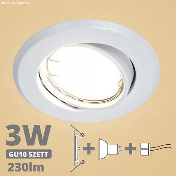 LED spot szett: fehér bill. keret + 3 Wattos, meleg fehér GU10 LED lámpa +
GU10 csatlakozó (kettesével rendelhető)