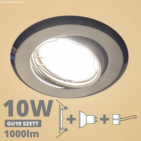 LED spot szett: mattkróm bill. keret + 9,5 Wattos, meleg fehér GU10 LED lámpa
+ GU10 csatlakozó (kettesével rendelhető)