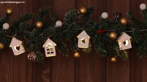 Karácsonyi LED fényfüzér dekoráció, fehér házikó,fa, elemes, 6+18h,
10LED, 3000K, 2xAA