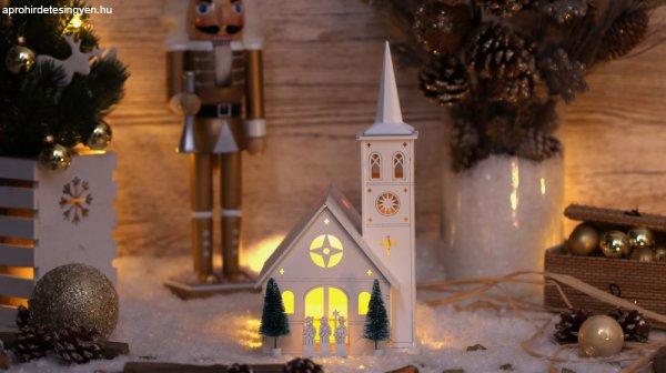 Karácsonyi LED dekoráció, fa templom, elemes, 6+18h, 4LED, 3000K, 3xAA