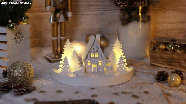 Karácsonyi LED dekoráció, fa házikó,szarvas, elemes, 6+18h, 6LED, 3000K,
3xAA