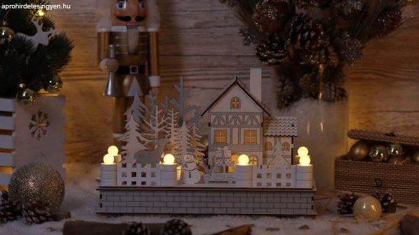 Karácsonyi LED dekoráció, fa, kis ház, elemes, 6+18h, 12LED, 3000K, 2xAA