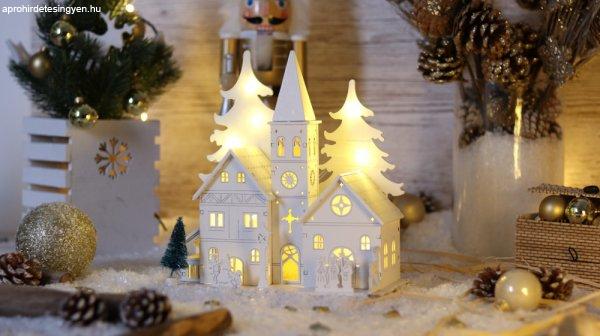 Karácsonyi templom LED dekoráció, fa, elemes, 6+18h, 10LED, 3000K, 3xAA
