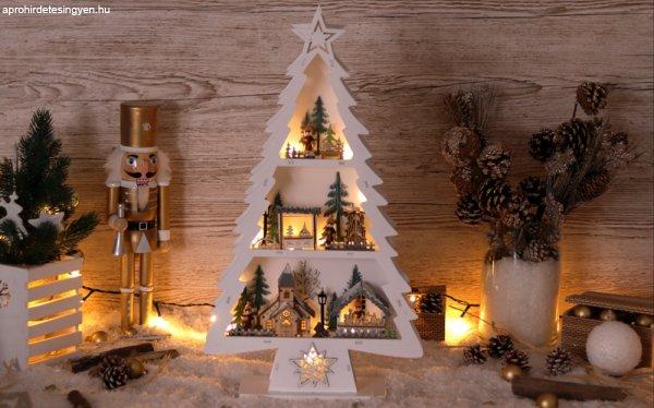 Karácsonyi LED fenyő tájképpel, fehér, fa, elemes, 6+18h,13LED, 3000K, 2xAA