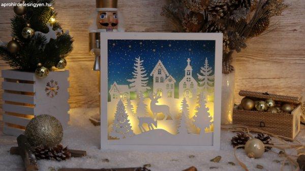 Karácsonyi LED tájkép, fa, elemes, 6+18h, 12LED, 3000K, 2xAA