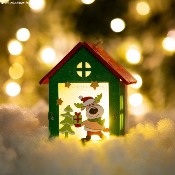 Karácsonyi LED dekor házikó - melegfehér - fa - 2 féle - 7,5 x 9,5 x 5,5 cm