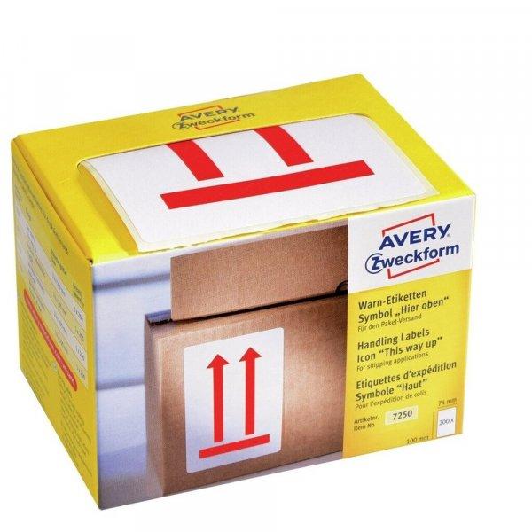 Etikett címke, piktogram álló helyzetet jelző nyílak 74 x100mm,tekercses,
200 címke/doboz, Avery piros