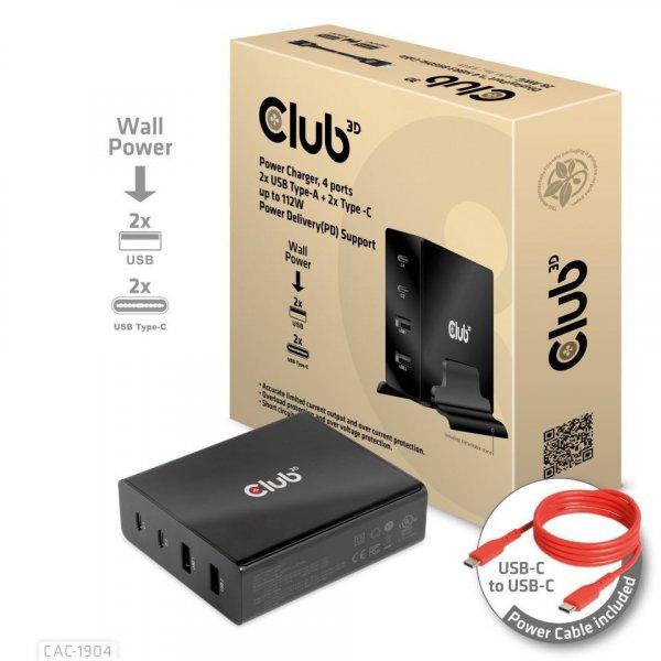 Club3D Power Charger 4 ports 2x USB Type-A 2x Type-C up to 112W Power
Delivery(PD) Support