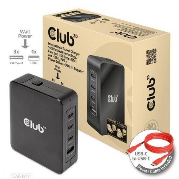 Club3D International Travel Charger 140W GaN technology Four port USB Type-A(1x)
and -C(3x) PPS + Power Delivery(PD) 3.1 Support