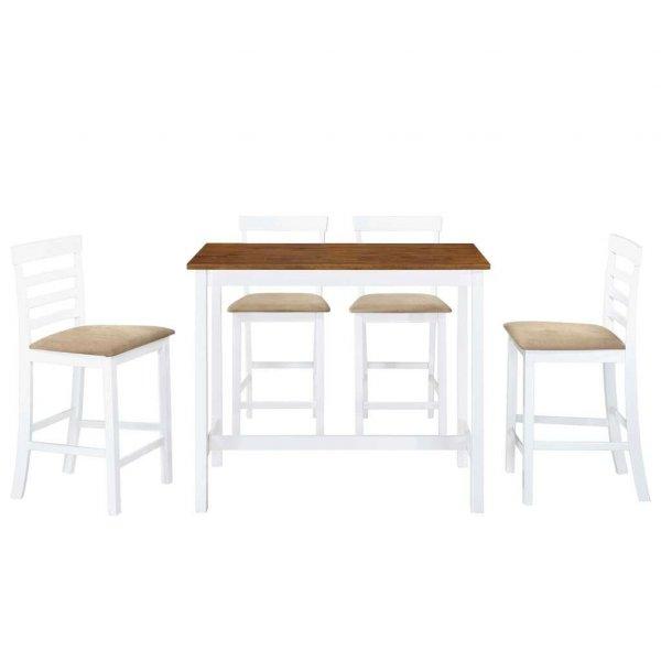 5 részes barna-fehér tömör fa bárasztal és szék garnitúra
