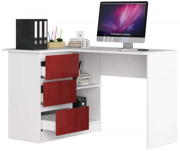 Sarok íróasztal - Akord Furniture - 124 cm - fehér / magasfényű bordó
(bal)
