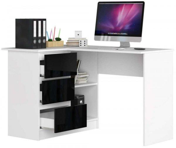 Sarok íróasztal - Akord Furniture - 124 cm - fehér / magasfényű fekete
(bal)