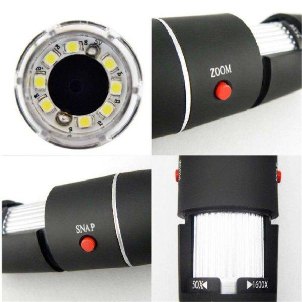 Hordozható digitális mikroszkóp, USB, fotó-videó, 8 LED, 5x digitális
zoom, fekete