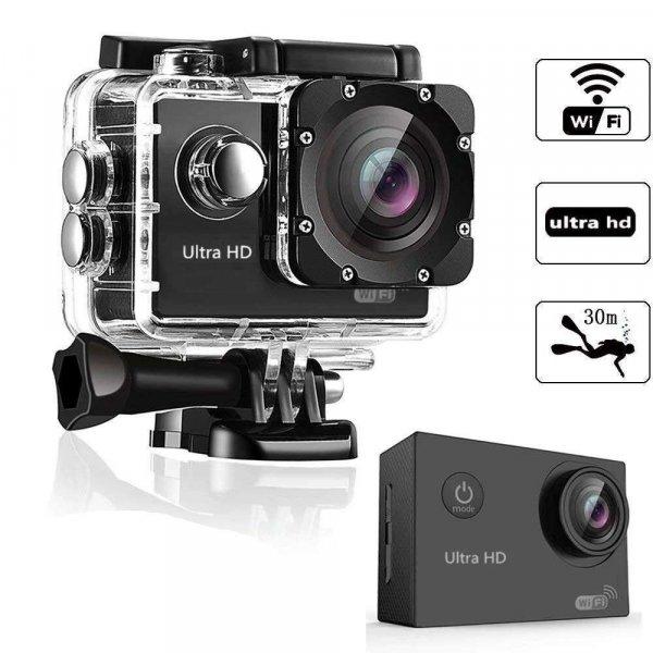 WiFi-s Sportkamera, H-16, 12MP akciókamera, FullHD video/60FPS, max.64GB TF
Card, 30m-ig vízálló, A+ 170°, fekete