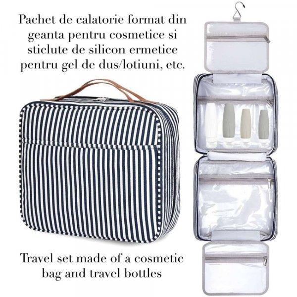Utazókészlet, Quasar &Co.®, kozmetikai táskával és 4 x utazóadagoló
tartállyal, vízálló belső, textil/szilikon, fekete-szürke