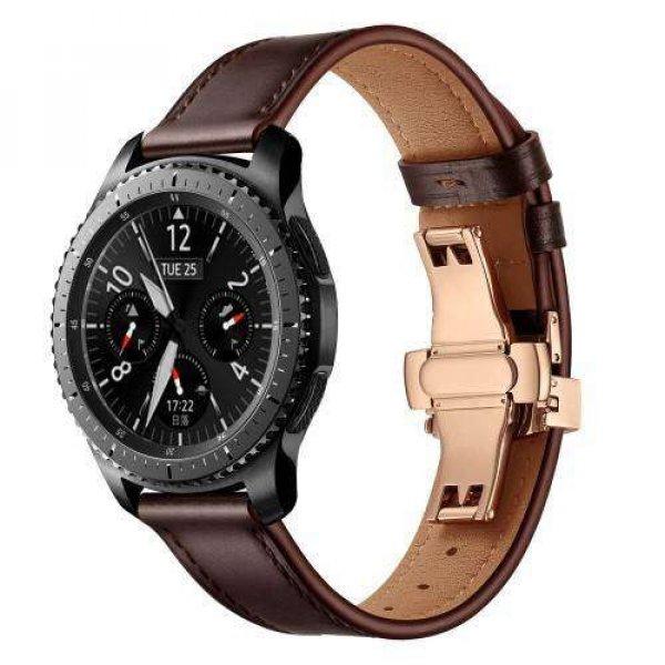 Valódi bőr okosóra szíj - speciális pillangó csatos, 120 + 80mm hosszú,
22mm széles, 165-220mm átmérőjű csuklóméretig - SÖTÉTBARNA / ROSE GOLD
- HUAWEI Watch GT / HUAWEI Watch 2 Pro / Honor Watch Magic / HUAWEI Watch GT 2
46mm