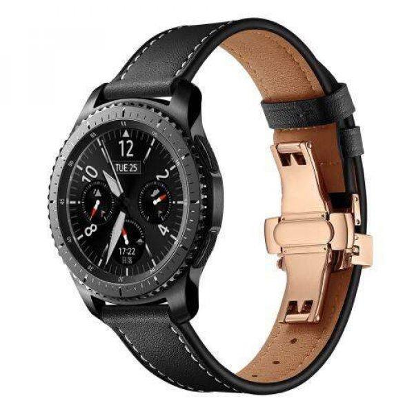 Valódi bőr okosóra szíj - speciális pillangó csatos, 120 + 80mm hosszú,
22mm széles, 165-220mm átmérőjű csuklóméretig - FEKETE / ROSE GOLD -
HUAWEI Watch GT / HUAWEI Watch 2 Pro / Honor Watch Magic / HUAWEI Watch GT 2
46mm