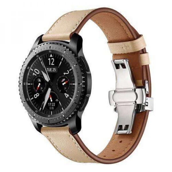 Okosóra szíj - EZÜST / BÉZS - valódi bőr, pillangó csat, 120mm + 80mm
hosszú, 22mm széles, 165mm-től 220mm-es méretű csuklóig ajánlott -
SAMSUNG Galaxy Watch 46mm / Watch GT2 46mm / Watch GT 2e / Gear S3 Frontier /
Honor MagicWatch 2 46mm