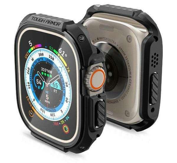 Apple Watch Ultra (49mm) (A2684), Spigen Tough Armor okosóra műanyag
védőtok, Keret, Fekete