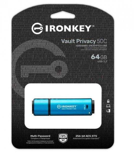 Kingston IKVP50C/64GB IronKey Vault Privacy 50 64 GB, USB C 3.2 Gen 1
Kék-Fekete pendrive