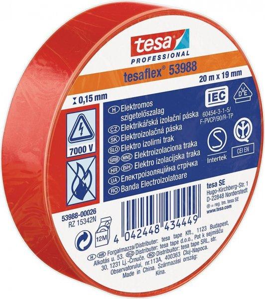 Belt Tesa® PRO Tesaflex®, elektro-szigetelt, lepiaca, sPVC, 19 mm, piros, L-20
m