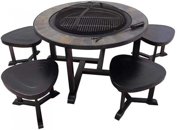 Tűzrakóhely Grill, fém, 4 szék, 105 x 75 cm