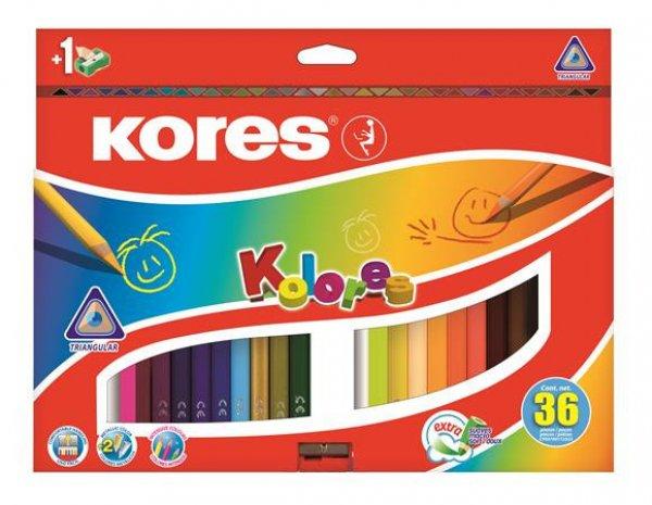 Színes ceruza készlet, háromszögletű, KORES "Triangular", 36
különböző szín