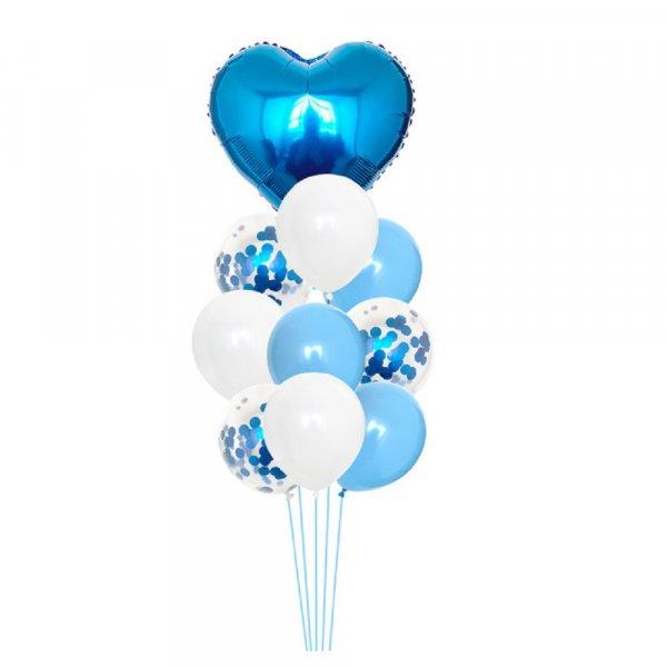 10 db-os party lufi készlet - konfettivel töltött, fényes felületű,
áttetsző, szív alakú és kerek léggömbök - kék