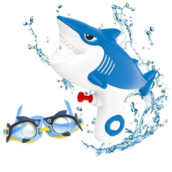 Cápa alakú vízipisztoly gyerekeknek úszószemüveggel - kék (BBJ)