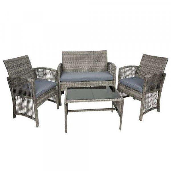 4 részes elegáns megjelenésű kerti rattan bútorkészlet - 1 darab fotellal,
2 darab székkel, párnákkal, 1 darab üveglapos asztallal (BB-11961)