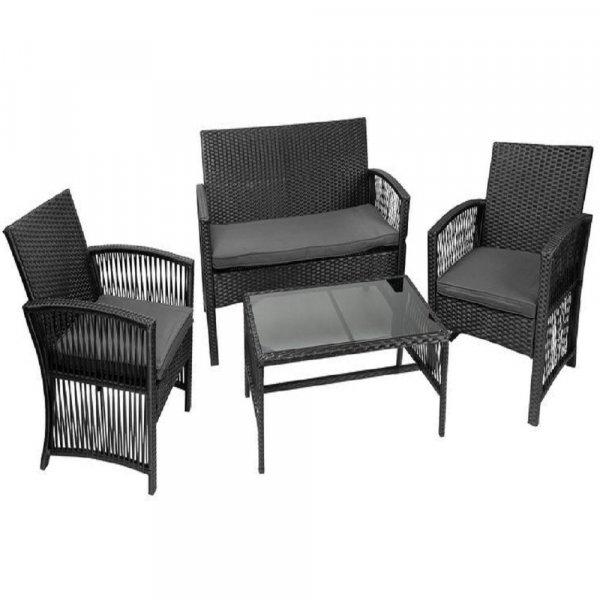4 részes elegáns megjelenésű kerti rattan bútorkészlet - 1 darab fotellal,
2 darab székkel, párnákkal, 1 darab üveglapos asztallal (BB-11962)