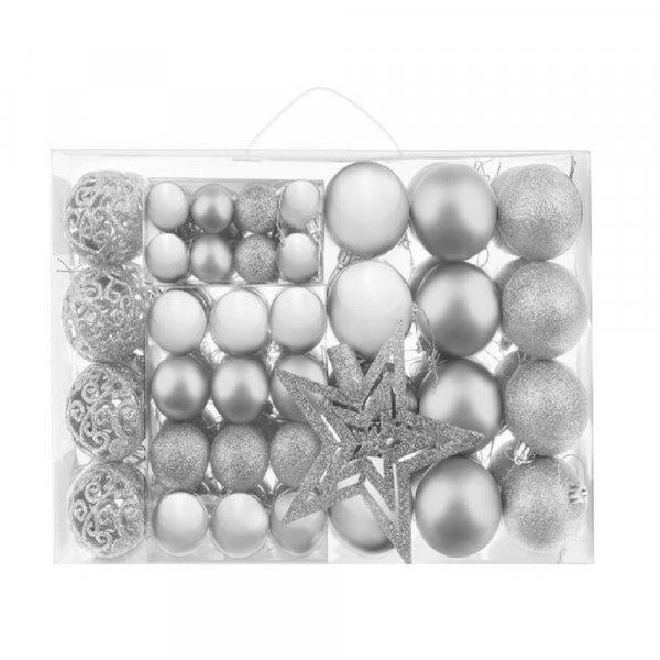101 darabos karácsonyfadísz készlet - különböző gömbökkel, csillag
alakú csúcsdísszel - ezüst (BB-11430)