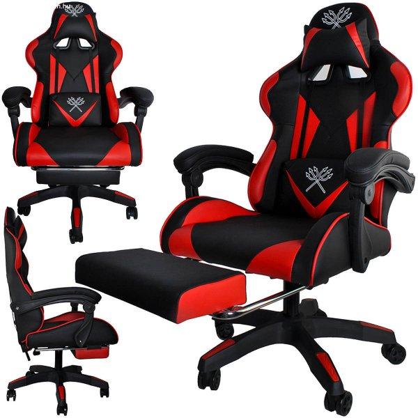 Gamer szék nyak-, és derékpárnával - kihúzható lábtartóval,
magasságállítással - 124 x 63 x 63 cm, fekete-piros (BB-8979)